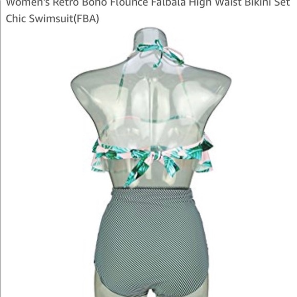 green leaves, black diagonal high waist bikini set - Picture 3 of 3